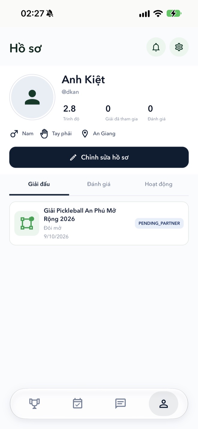 Màn hình hồ sơ xPickleball