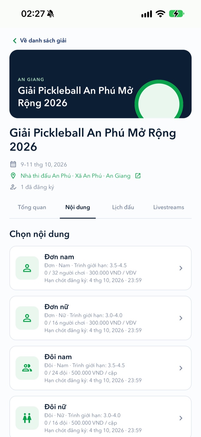 Màn hình Giải đấu của xPickleball