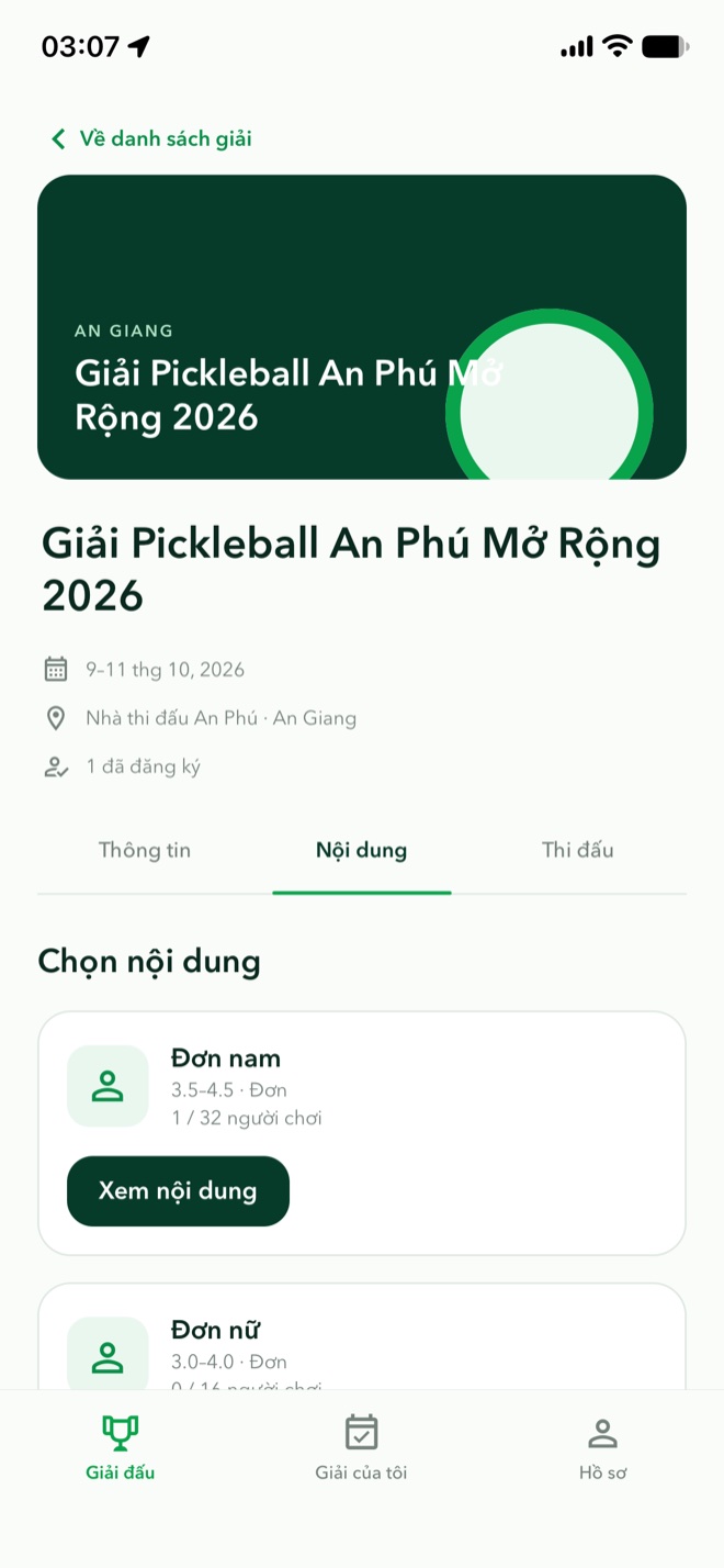 Màn hình chi tiết giải đấu xPickleball